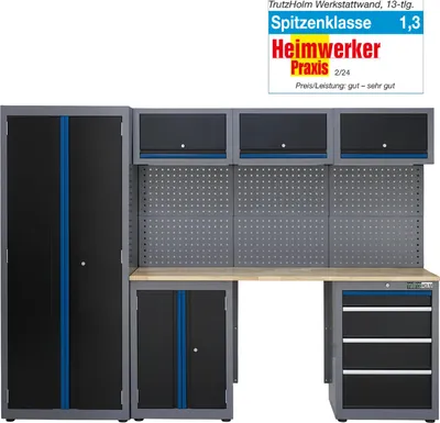 Produktbild von Werkstattwand 13-tlg. modulares Werkstattschranksystem aus Stahl mit massiver Holzarbeitsplatte blau