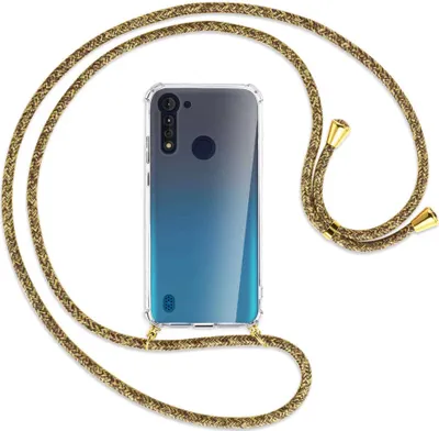 Produktbild von Handykette Backcover-Schutzhülle mit Band (Metall goldfarben) für Motorola Moto G8 Power Lite - braun+beige