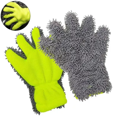 Produktbild von 2er-Set Autowaschhandschuhe, Mikrofaser-Chenille mit Netz, 5-Finger-Design, wiederverwendbar, für Auto, Lkw, Motorrad und Bootsdeck