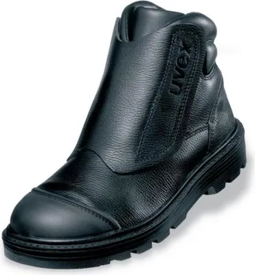 A black leather work boot with a protective toe cap and a flap over the laces. The boot has a thick sole and the brand name 'uvex' is visible on the side.