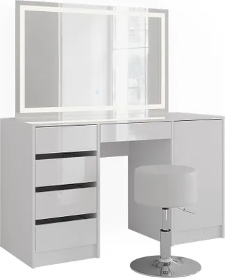 Produktbild von Schminktisch Vicco Sherry Weiß/Weiß Hochglanz 128.2 cm mit LED-Spiegel und Hocker, Model 57642