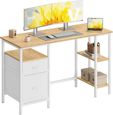 Productafbeelding van Computerbureau met opbergruimte - 3 planken en 2 lades - 127 x 50 x 76 cm - Industrieel - Naturel en wit