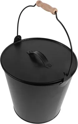 Produktbild von Schwarzer Metall-Ascheeimer mit Deckel und Hitzebeständigem Holzgriff für Kamin und Holzofen
