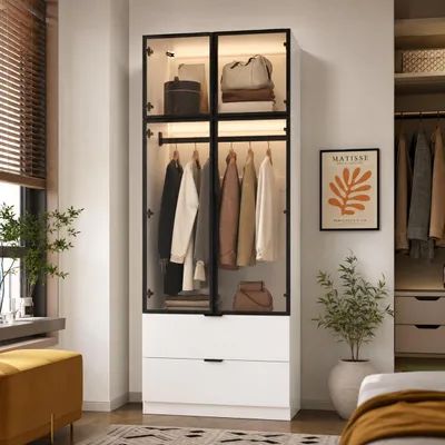 Produktbild von Kleiderschrank Weiß Hochglanz 90x50x220cm, Aluminium-Glas-Türen warmweiße LED-Leuchten, 2 Schubladen, MDF Schrank für Schlafzimmer & Ankleidezimmer