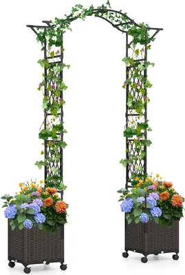 Zdjęcie produktu dla COSTWAY Łuk różany 2 w 1, 250 cm, krata ze skrzynką na kwiaty, 2 skrzynki na sadzonki na kółkach i otwory drenażowe, metalowy łuk ogrodowy, łuk (czarny)