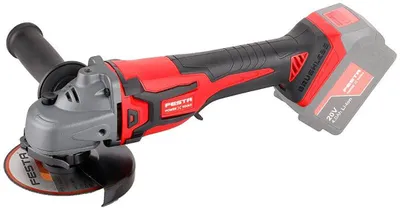 A cordless angle grinder is shown against a white background.
