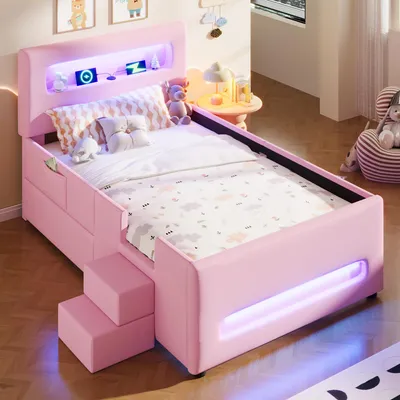 A pink children's bed with LED lighting and storage features, set in a bedroom.