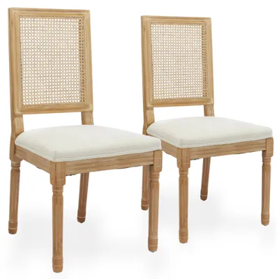 Productafbeelding van Set van 2 linnen eetkamerstoelen met een rieten rugleuning en een frame van rubberhout, beige kleur