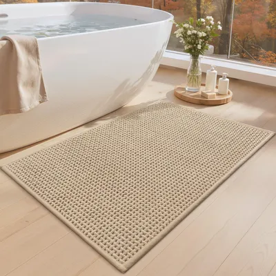 Image de Tapis de bain en chenille ultra-doux, antidérapant et lavable, 60 x 90 cm, absorbant, séchage rapide, beige, pour la salle de bains, la douche ou la baignoire