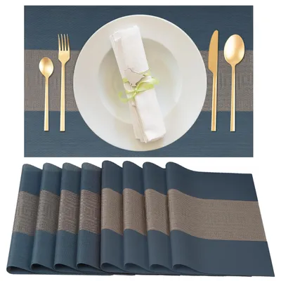Produktbild von Gucass 8er Set Tischsets Abwaschbar, PVC Platzsets Abwischbar Platzdeckchen, Placemats Abgrifffeste Hitzebeständig rutschfest, Tischmatten für Küche Restaurant Speisetisch, 45x30cm(Blau)