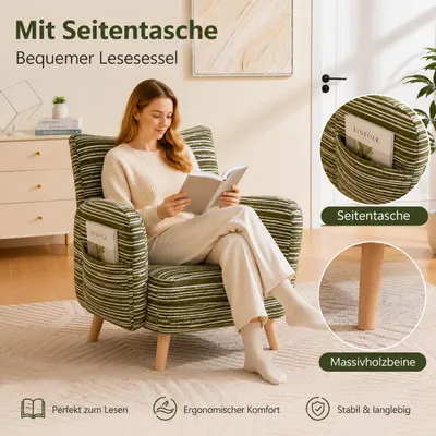 Produktbild von Moderner Sessel mit Seitentasche, Lesesessel aus Stoff mit Massivholzbeinen für Wohnzimmer und Büro