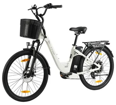 Image de Vélo électrique C2 PRO - Vélo de ville électrique pour adultes de 66 cm - Batterie 250 W, 36 V, 18 Ah - Autonomie de 31 à 60 km - 7 vitesses - Freins à disque - Vélo tandem blanc