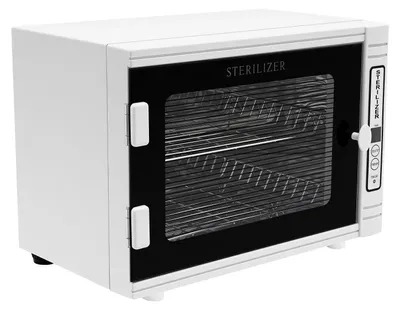Immagine prodotto di Armadio di sterilizzazione UV - Dispositivo da tavolo per strumenti di cosmetica e manicure - Volume: 12 litri - Lampada UV: 8W - Timer: 5-60 minuti - Frontale in vetro - Bianco/Nero