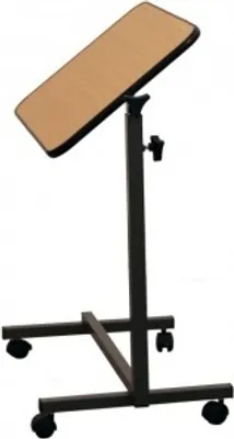 A mobile bedside table with a wooden top and a metal base with wheels.