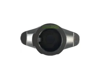 A close-up, top-down view of a metal component against a white background.