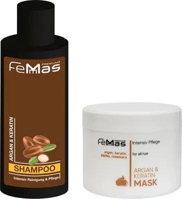 Produktbild von FemMas Argan & Keratin Shampoo + Argan & Keratin Haarmaske je 300ml