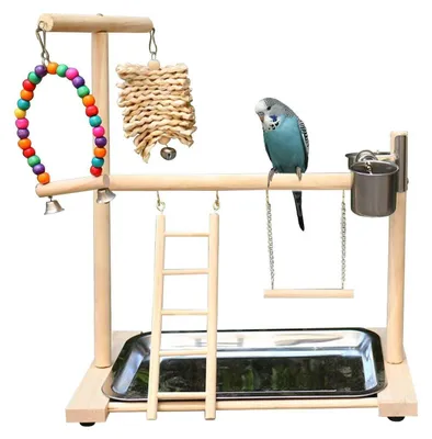 Immagine prodotto di Alimentatore per pappagalli in legno, con area di posa, 2 ciotole in acciaio inossidabile, giocattoli, scala e vassoio. Supporto giochi per parrocchetti, pappagalli e canarini, dimensioni 41x23x36 cm