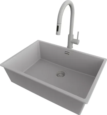 Produktbild von PRIMAGRAN Granitspüle Grau 66x47cm, Spülbecken 1 Becken + Küchenarmatur 40x20cm + Ablauf-Set, Küchenspüle ab 70er Unterschrank - London Slim