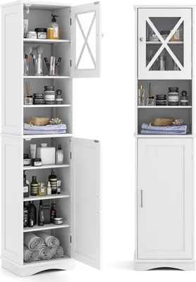 A white bathroom cabinet with its doors open, displaying various toiletries and towels on its shelves.