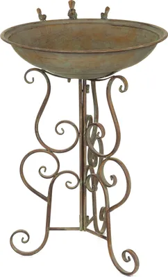 Zdjęcie produktu dla Dekoracyjna wanienka dla ptaków z metalowym stojakiem, zielono-brązowa, 78 cm wysokości, nostalgiczny design, idealna do ogrodu i na patio, z dekoracjami dla ptaków, wytrzymała i odporna na warunki atmosferyczne