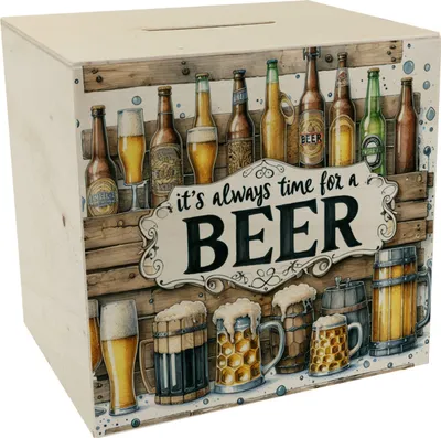 Produktbild von Bier Spardose aus Holz mit Spruch It's always time for a Beer