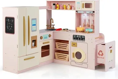 Imagen del producto de Cocina de juguete con luces y sonidos, cocina de esquina de madera con cubo de basura, nevera con doble puerta, fregadero, lavadora, microondas y 22 accesorios. Cocina de madera para niños a partir de 3 años (rosa)