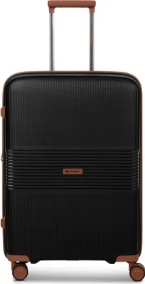 A black trolley suitcase with brown accents and wheels, standing upright on a white background.
