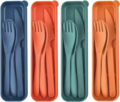 Produktbild von Plastik Besteck Mehrweg Set, 4 Sets Reise Besteck mit Etui, Camping Besteck set, Tragbare Utensilien, für Lunchbox, Schule, Picknick, Reisen(4 Farben)