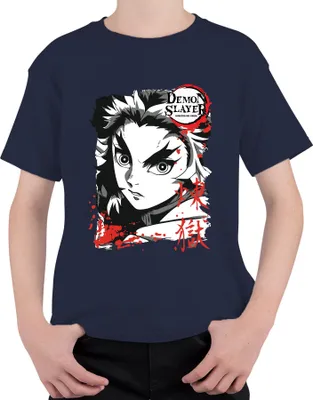 Obrázek produktu pro Dětské tričko Kimetsu no Yaiba Rengoku Fire Anime Gift Uni, námořnická modrá, 128 mm