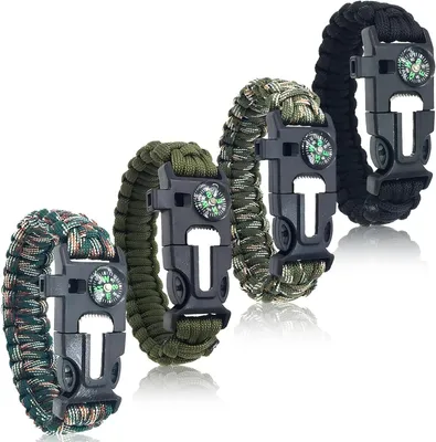 Immagine prodotto di Bracciali di sopravvivenza - Attrezzatura da outdoor - Campeggio, escursioni - 5 funzioni in 1 - Confezione da 4 pezzi - Neri