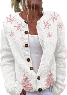 Produktbild von ASKSA Damen Weihnachts Strickjacke Weihnachtsjacke Weihnachten Cardigan Reindeer Weihnachtsmann Weihnachtspullover Sweat,D-Weiss,XL