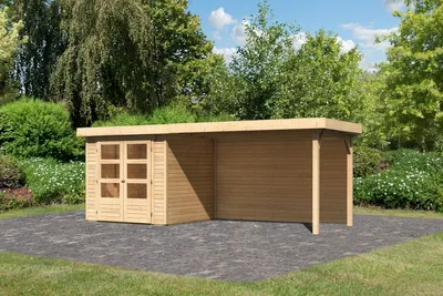 Produktbild von Karibu Gartenhaus Gerätehaus Askola 2 im Set mit Anbaudach 2,80 m Breite und 19 mm Rückwand naturbelassen 468x217x211 cm