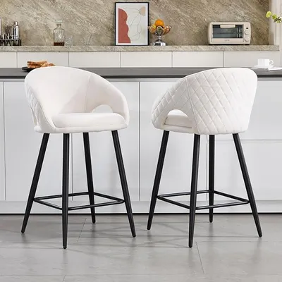Produktbild von 2er Set Barhocker, Barstühle mit Lehne, Chenille, Beige | Gepolsterte Küchenhocker mit Metallgestell & Fußstütze, Bar Stool Modern für Küche Bistro Café