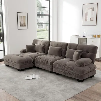 Image de Canapé d'angle modulaire de luxe en L « Cloud », très spacieux avec pouf et canapé-lit profond pour le salon, en chenille, marron