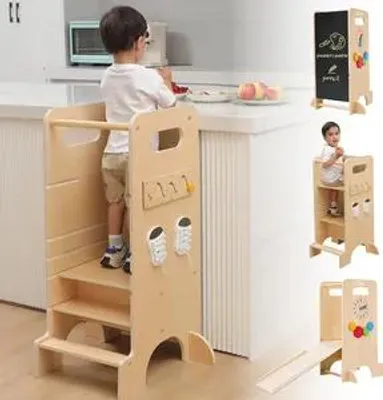 Productafbeelding van Olvy Leerstoel vanaf 1 jaar – 4-in-1 Montessori leertoren voor kinderen, met verstelbare hoogte, voorzien van een glijbaan, een bord en speelgoed, een multifunctionele kinderkeukenassistent