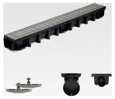 Produktbild von 1m Entwässerungsrinne für modulares System A15 98mm, komplett mit Stegrost aus Kunststoff, Grau