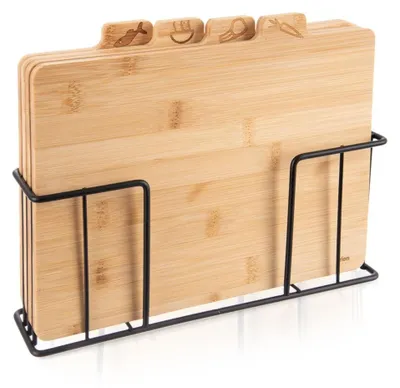 Produktbild von Orion | Schneidebretter - 4 Stück - Servierbrett - 29x7x 3 cm - Küchenbrett aus Bambus - mit Ständer