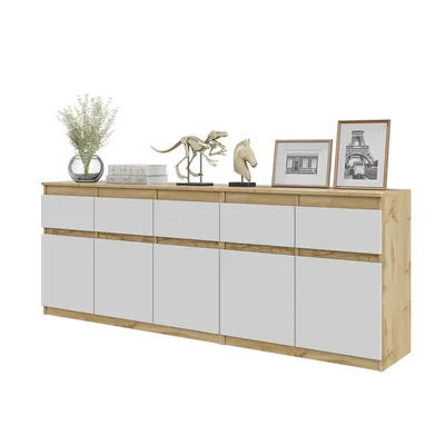 Obrázek produktu pro Komoda NOAH Dub Wotan / Bílá Mat – Velká Komoda do Ložnice s 5 Zásuvkami a 5 Dvířky, Set Komod Š200 x V75 x H35 cm