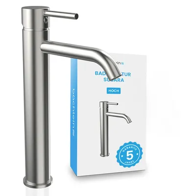 Produktbild von Bächlein Badarmatur Susara hoch mit gebogenem Auslauf, Extra hoher Design Einhebelmischer für Aufsatzwaschbecken mit langlebiger Keramikkartusche und Montage-Set, Bad Wasserhahn Edelstahl gebürstet