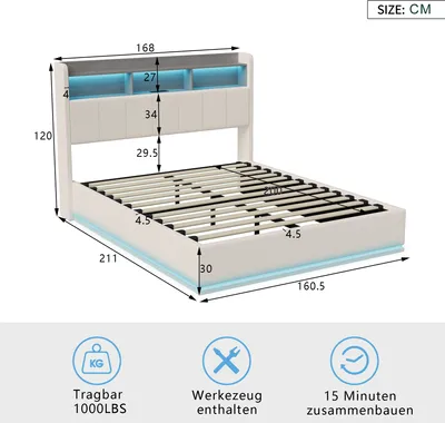 Obrázek produktu pro Čalouněná manželská postel 160x200 cm s LED osvětlením, lamelovým roštem a úložným prostorem v čele postele, béžový samet