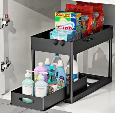Produktbild von 2 Ebenen Küchenregal Badregal Spülschrankregal Unterschrankregal Schrank Organizer für Badezimmer-Küchen-Arbeitsplatte Schwarz