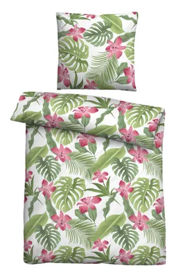 A bedding set with a tropical leaf and flower pattern, including a pillow and a duvet cover.