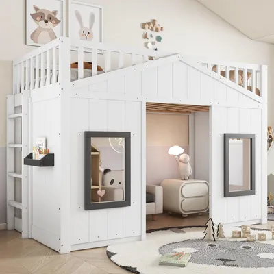 Produktbild von Merax Etagenbett 90x200cm mit Fallschutz und Gitter, Hausbett mit Treppe, Kinderbett mit Fenster aus Kiefer + MDF, Weiß, Frei gestaltbares Unterbett