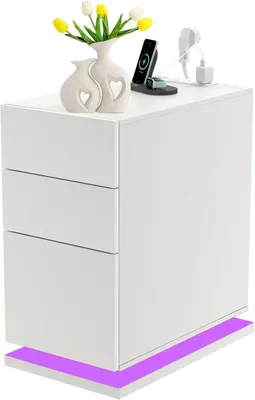 Produktbild von LED Nachttischmit Steckdose & USB,Nachttisch Hochglanz mit 3 Schubladen,16 Farbe RGB Licht,Schmaler Kleiner Nachtschrank im Schlafzimmer 50x30x63cm
