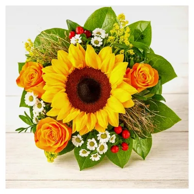 Produktbild von Blumenstrauß mit Sonnenblumen und Grußkarte