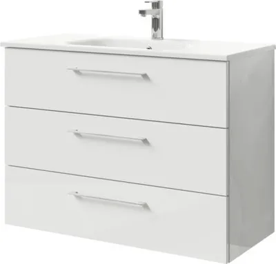 Produktbild von Pelipal Badmöbel-Set Sunline 121 BxHxT 101 x 74 x 46 cm Frontfarbe weiß hochglanz mit Mineralguss-Waschtisch und Waschti