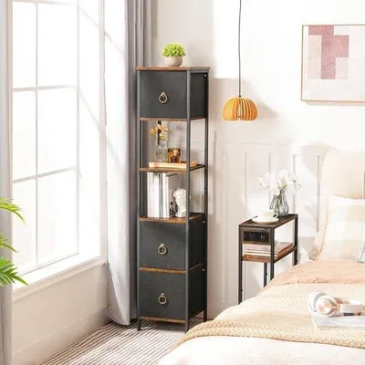 Productafbeelding van Smalle hoge kast voor de badkamer, drievoudige lade, bruin/zwart