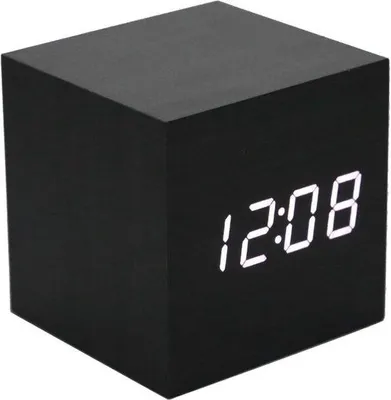 Image de Réveil numérique en forme de cube en bois avec horloge numérique à LED et affichage de la température - réglage du volume - prise inductive intelligente - alimentation par USB ou piles - pour le télétravail - noir/blanc.