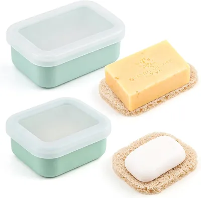 Produktbild von 2 Silikon Seifendosen für Reisen – Auslaufsichere Seifenboxen mit Abtropfschicht