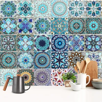 Produktbild von Fliesenaufkleber 30 Stück, Mosaik 15x15 cm, Blau und Grün, für Badezimmer und Küche